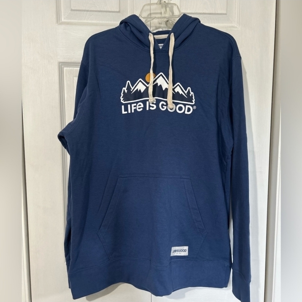 Life Is Good Men's Blue Hooded Sweatshirt Front  Mountain Scene XXL